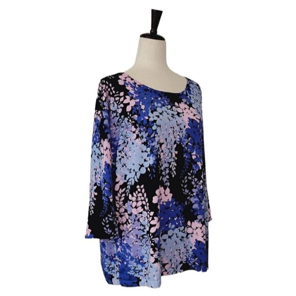 Talbots Blue Floral Bateau Neck Back Button 3/4 Sleeve Sweater Size 3X Petite - Picture 2 of 7